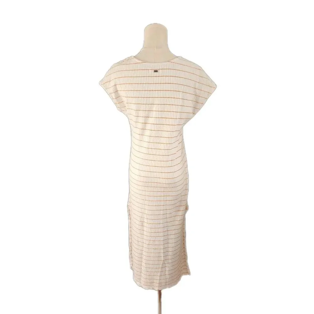 REEF Surf Women’s Striped Waffle Knit Beach Coverup Midi Henley Dress Sz Small